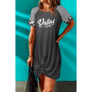 Gray Dallas Texas Letter Print Twist Striped Short Sleeve Mini Dress Gray Dallas Texas Letter Print Twist Striped Short Sleeve Mini Dress