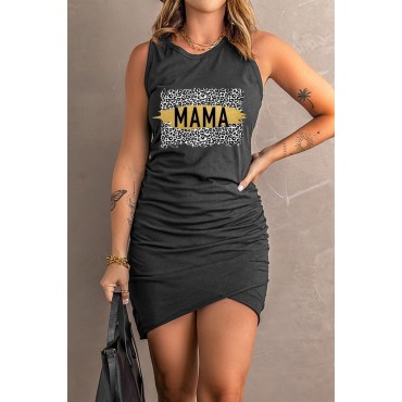 Black Leopard MAMA Graphic Ruched Arch Hem Tank Mini Dress Black Leopard MAMA Graphic Ruched Arch Hem Tank Mini Dress