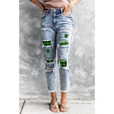 Sky Blue Faded Washed Green Plaid Clover Distressed Skinny Jeans Sky Blue Faded Washed Green Plaid Clover Distressed Skinny Jeans