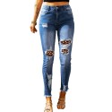 Sky Blue Leopard Splicing Skinny Distressed Ankle Jeans