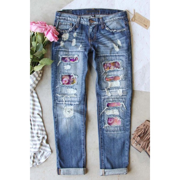 Sky Blue Floral Patchwork Mid Waist Distressed Jeans