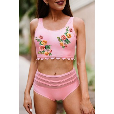 Pink Floral Print Scalloped Sleeveless High Waist Bikini Swimsuit Pink Floral Print Scalloped Sleeveless High Waist Bikini Swimsuit