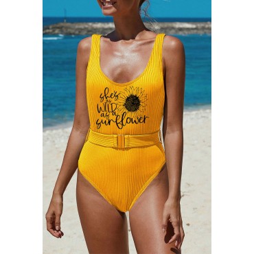 Letter Sunflower Print Ribbed Belted One-piece Swimsuit Letter Sunflower Print Ribbed Belted One-piece Swimsuit
