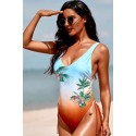 Sky Blue Floral Plant Gradient Color Print Drawstring One-piece Swimsuit
