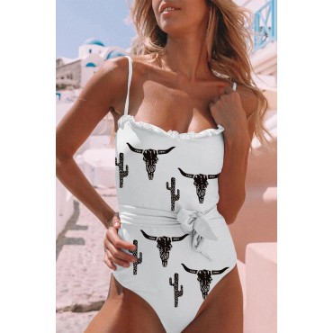 White Western Graphic Print Frilled Lace-up One-piece Swimwear White Western Graphic Print Frilled Lace-up One-piece Swimwear